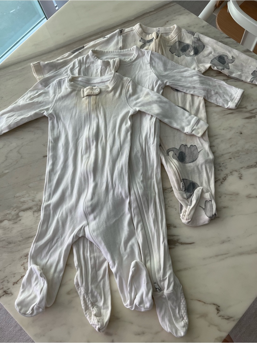 White and Light Gray Baby Footed One-Pieces Set of 3.